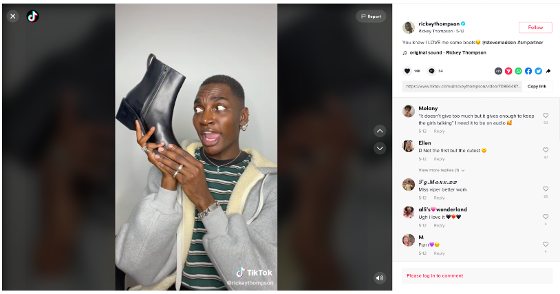 Steve Madden collaborates with a young influencer and comedian Rickey Thompson. Rickey takes his unique, “sassy” delivery style to advertising a product in an authentic, funny way